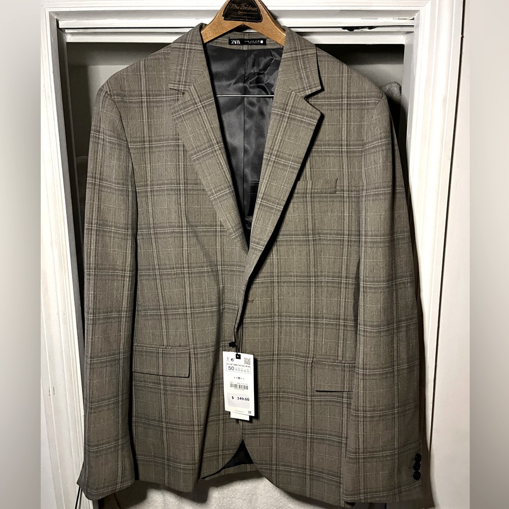 ZARA Checked-Pattern Tan/Navy Suit Jacket